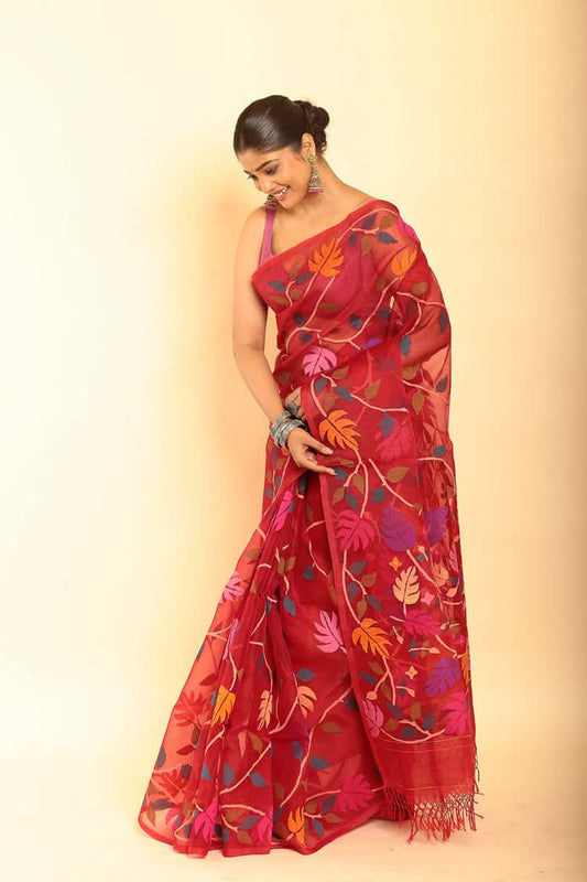 Hand Made Muslin Jamdani Saree With Cherry Red - 060