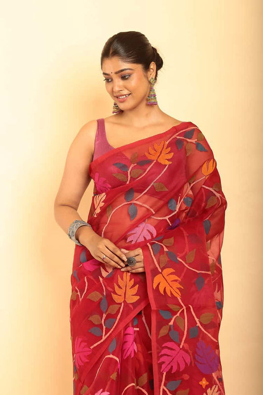 Hand Made Muslin Jamdani Saree With Cherry Red - 060