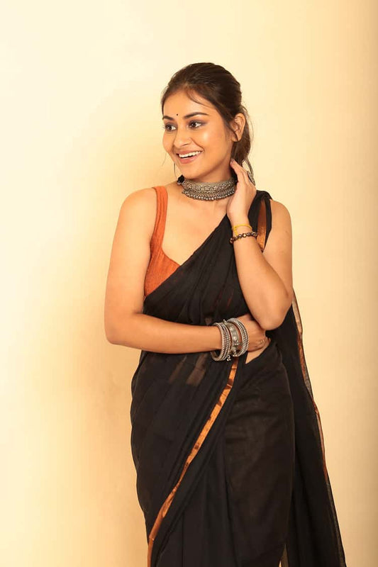 Black Handloom Cotton Saree-022 - indeloom