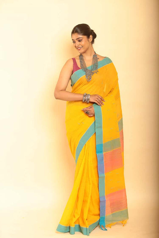 Yellow  and Blue Border Handloom Cotton Saree-072