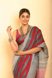 Grey and Red Border Handloom Cotton Saree-013 - indeloom