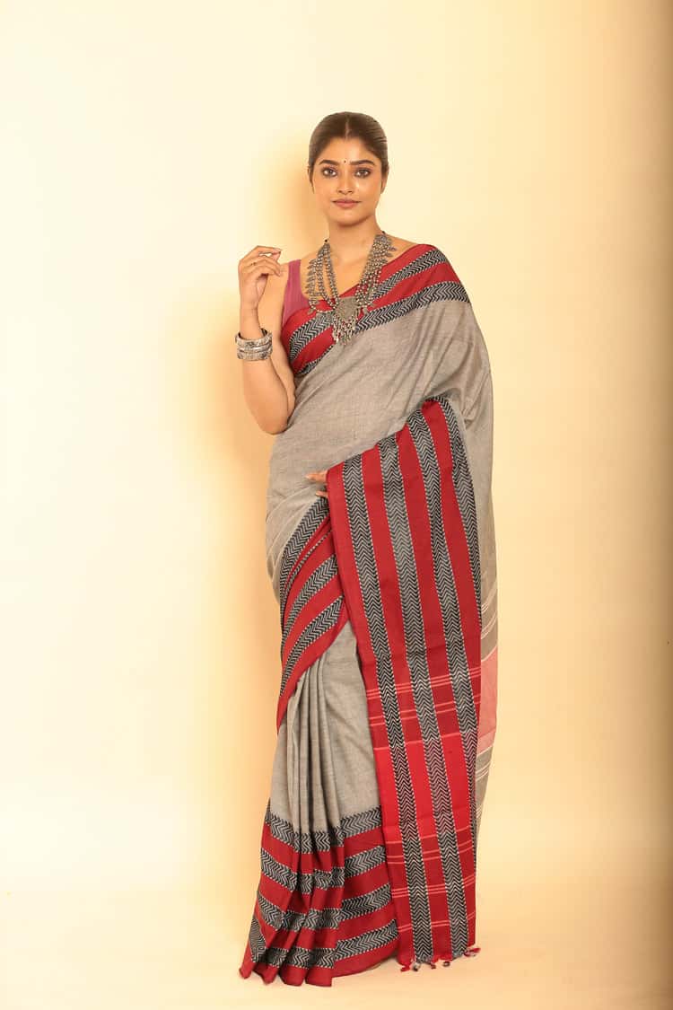 Grey and Red Border Handloom Cotton Saree-013 - indeloom