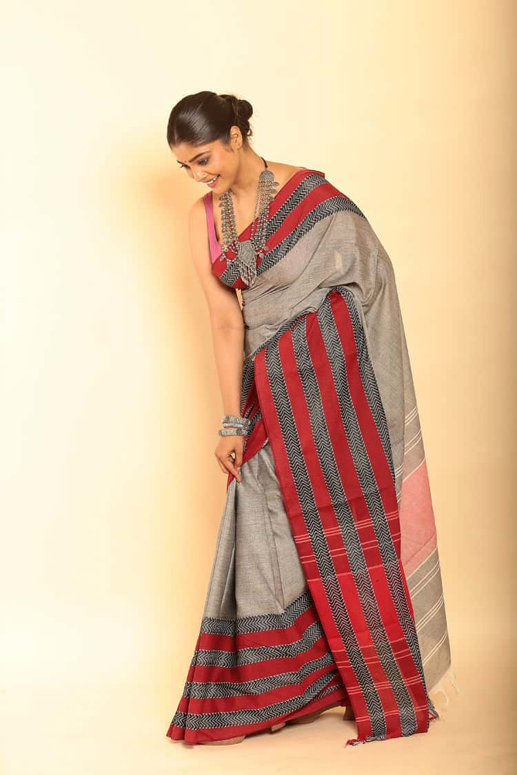 Grey and Red Border Handloom Cotton Saree-013 - indeloom