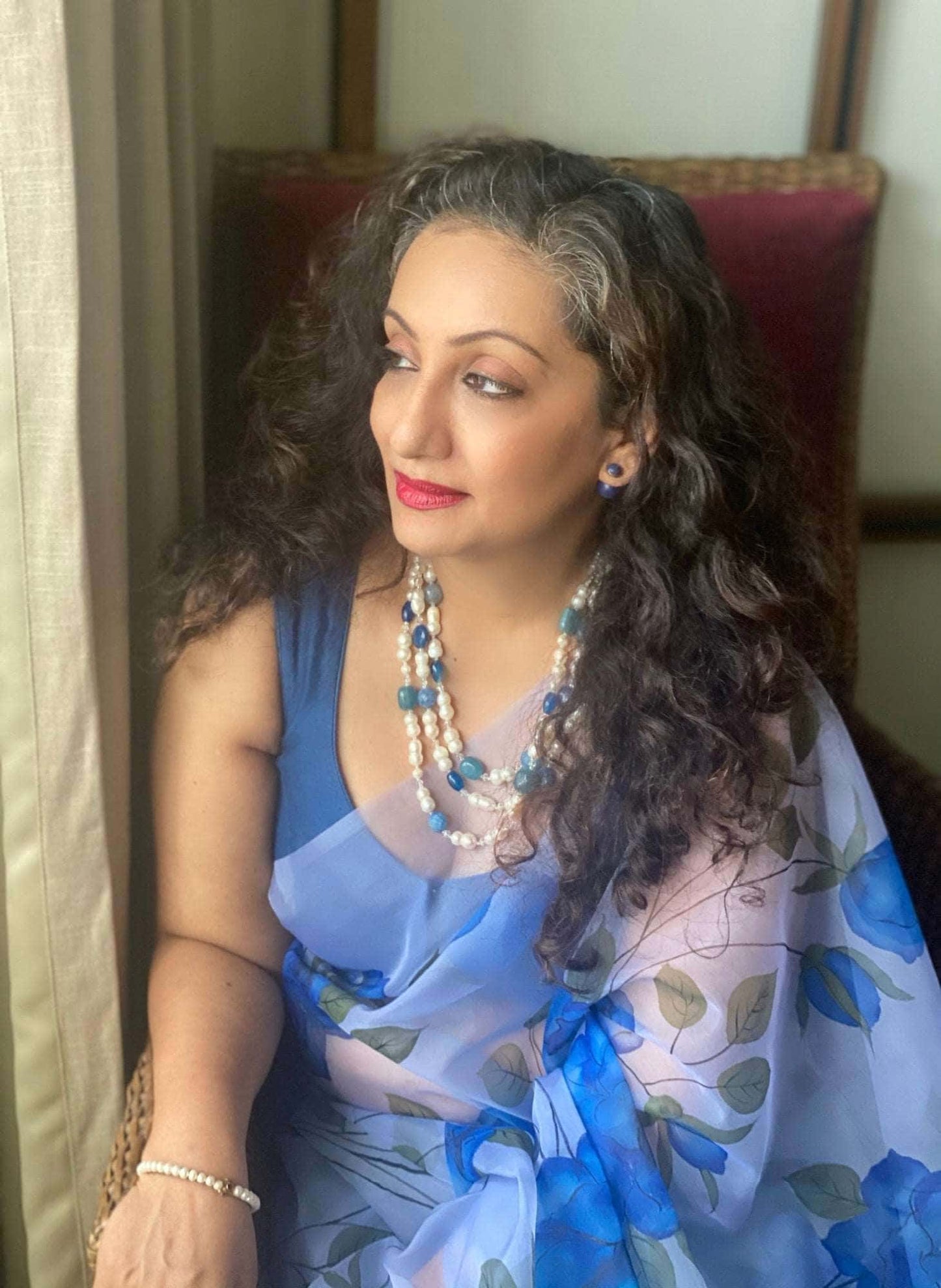 Blue Colour Florals on Organza Hand-painted Saree-008 - indeloom