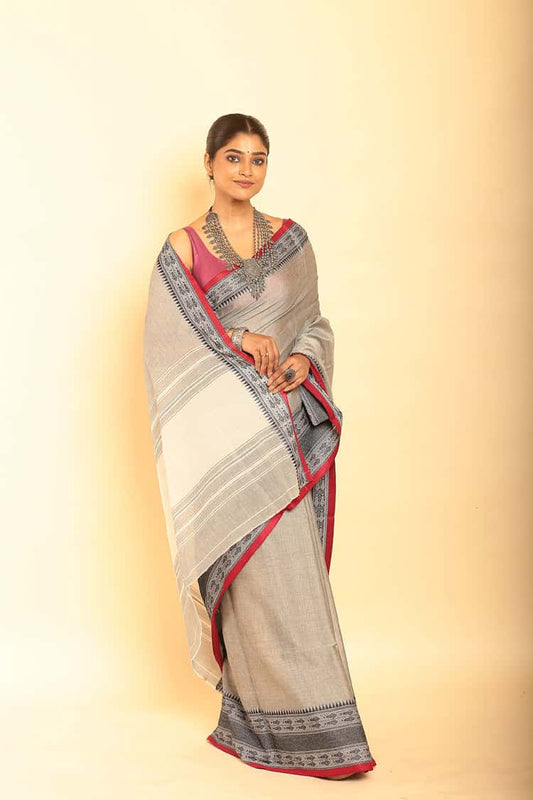 Gray and REd Border Handloom Cotton Saree-012 - indeloom
