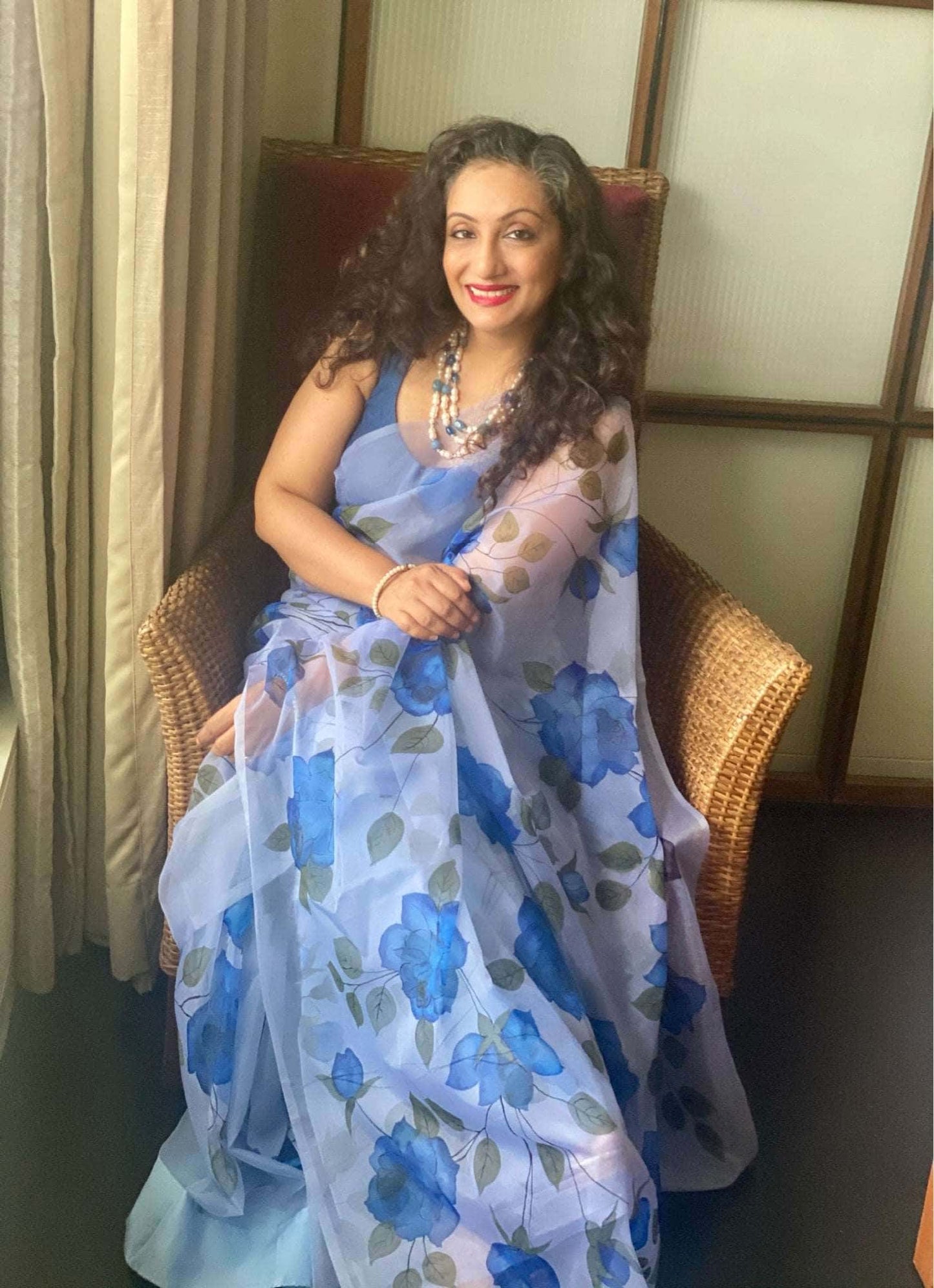 Blue Colour Florals on Organza Hand-painted Saree-008 - indeloom
