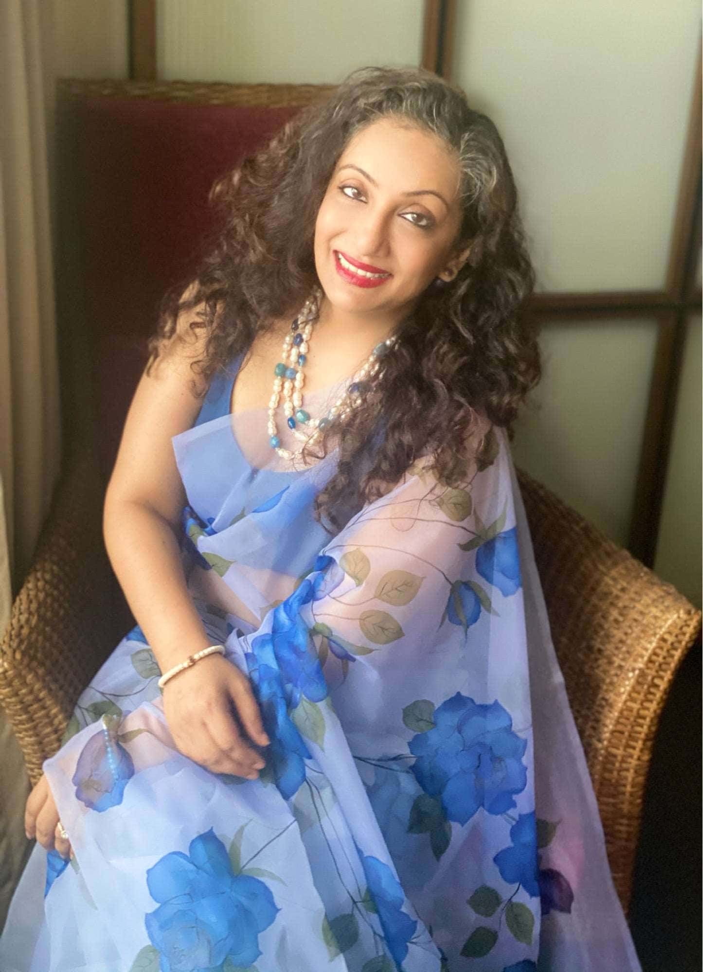 Blue Colour Florals on Organza Hand-painted Saree-008 - indeloom