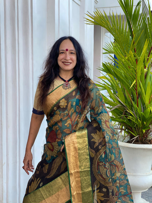 Teal Green Chanderi Silk Floral Kalamkari Saree - 021