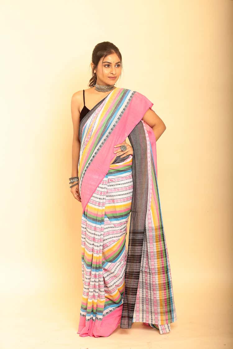 Multicolor and Baby Pink Border Handloom Cotton Saree(Pre-Order)-005