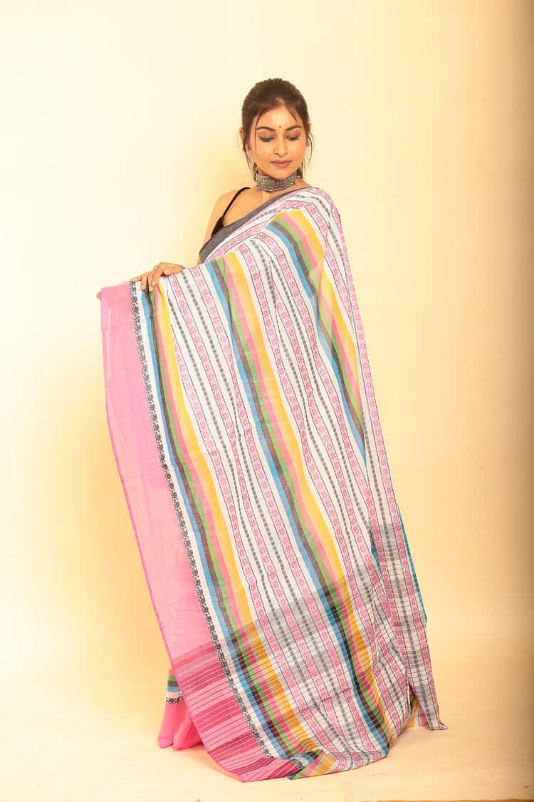 Multicolor and Baby Pink Border Handloom Cotton Saree(Pre-Order)-005