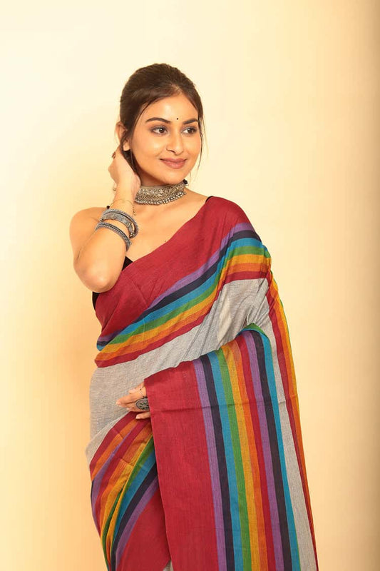 Handloom Cotton Saree With Multicolours - 008