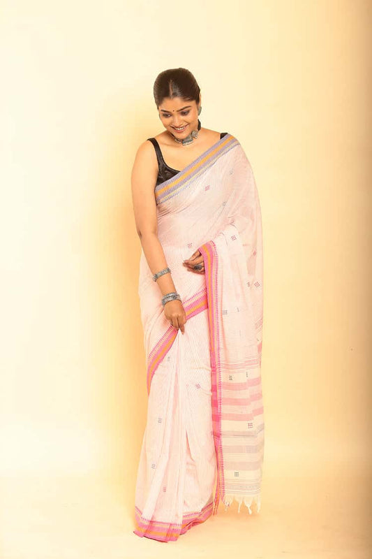 White and Pink Border Handloom Cotton Saree-090