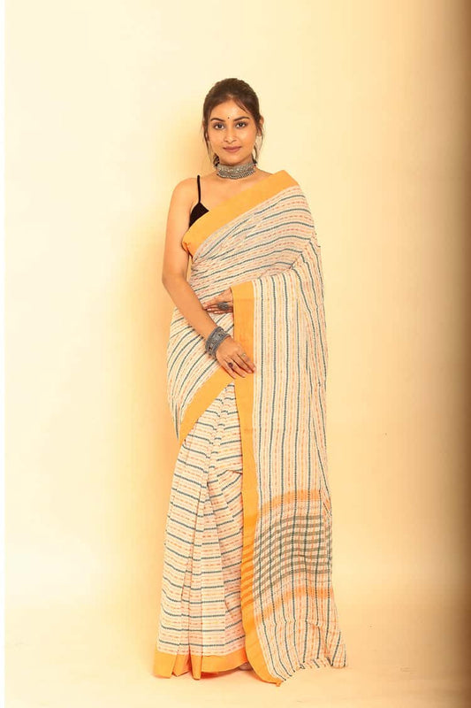 Brown and Yellow Border Handloom Cotton Saree-030 - indeloom