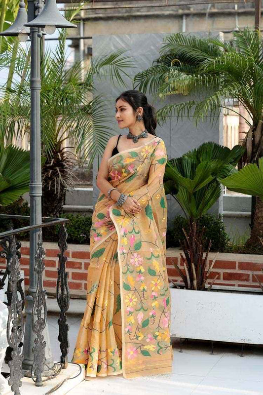 Handwoven Pure Jamdani Muslin Saree | Copper Orange