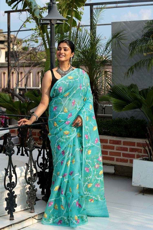 Handwoven Pure Jamdani Muslin Saree | Turquoise Teal