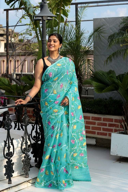 Azure Blue Muslin Jamdani Saree-074 - indeloom