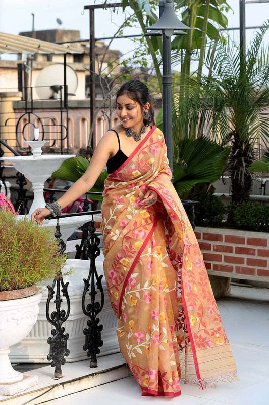 Brown and White Leafs Muslin Jamdani Saree-076 - indeloom