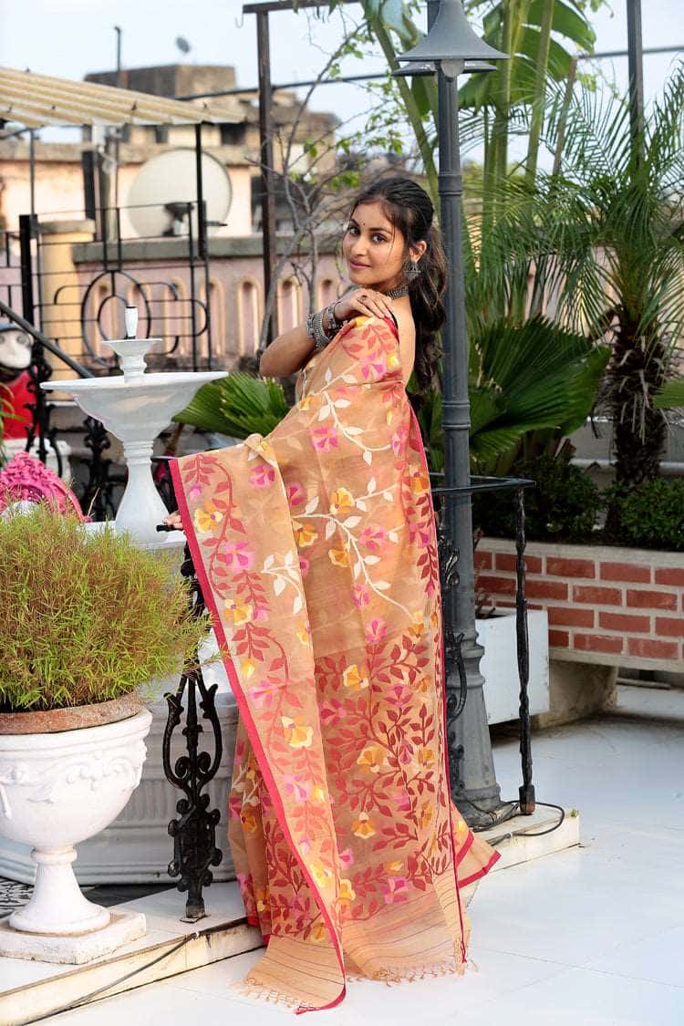 Brown and White Leafs Muslin Jamdani Saree-076 - indeloom