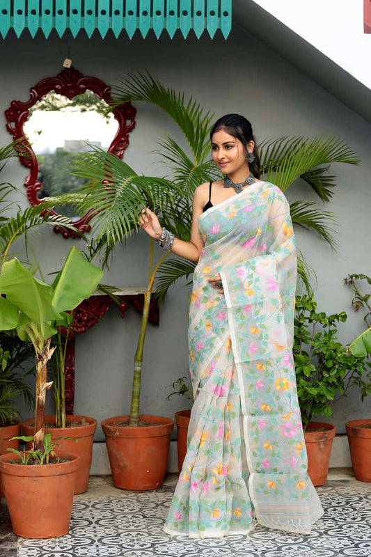 Mint Green Hand Made Muslin Jamdani Saree - 077