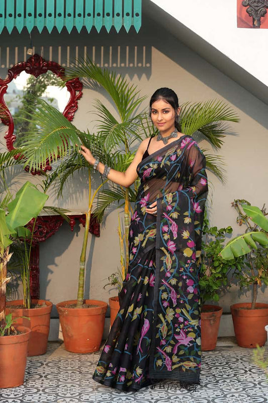 Multicolor Leafs Muslin Jamdani Saree (Pre-Order) -050