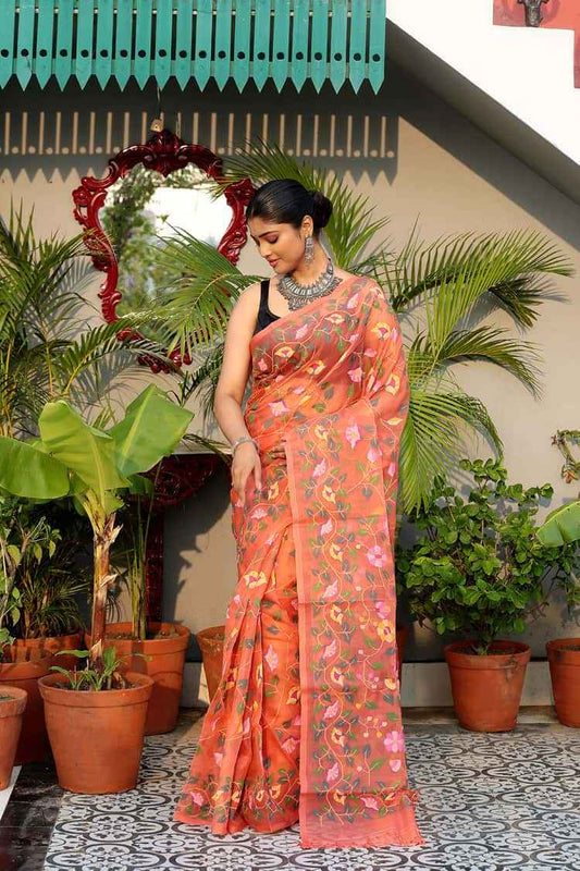 Handwoven Pure Jamdani Muslin Saree | Terracotta Red