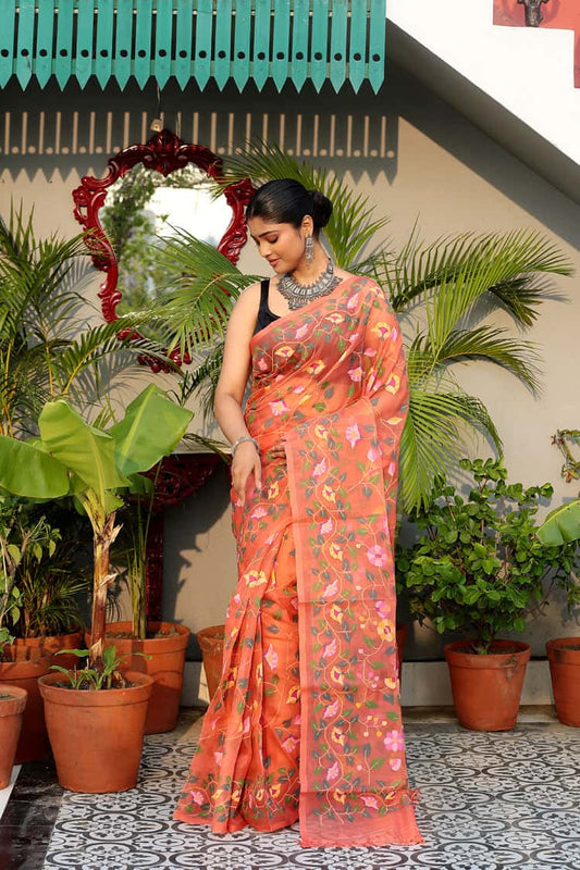 Hand Made Muslin Jamdani Saree Coral Orange - 079