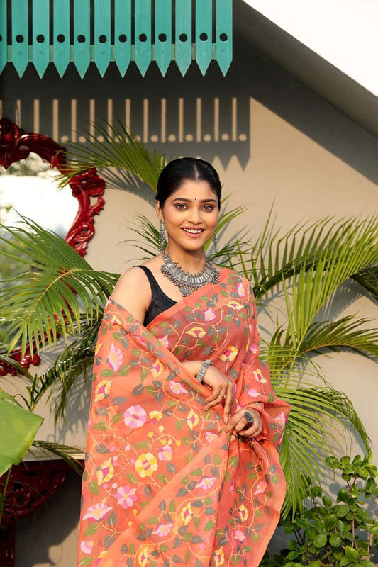Hand Made Muslin Jamdani Saree Coral Orange - 079