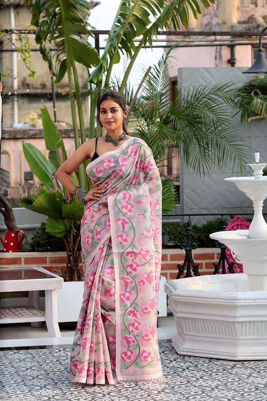 Hand Made Muslin Jamdani Saree With Pink Buds - 082