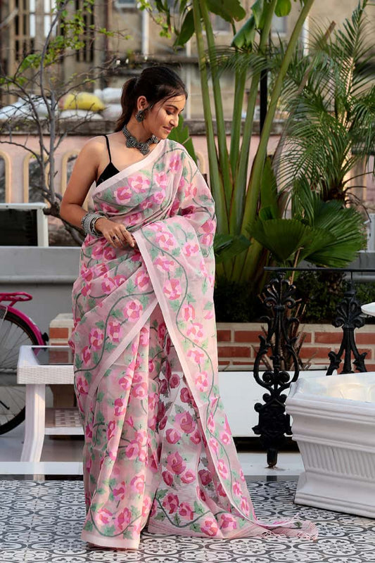Hand Made Muslin Jamdani Saree With Pink Buds - 082
