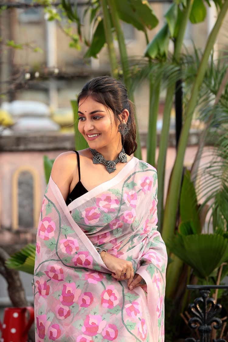 Pink Buds Muslin Jamdani Saree-082