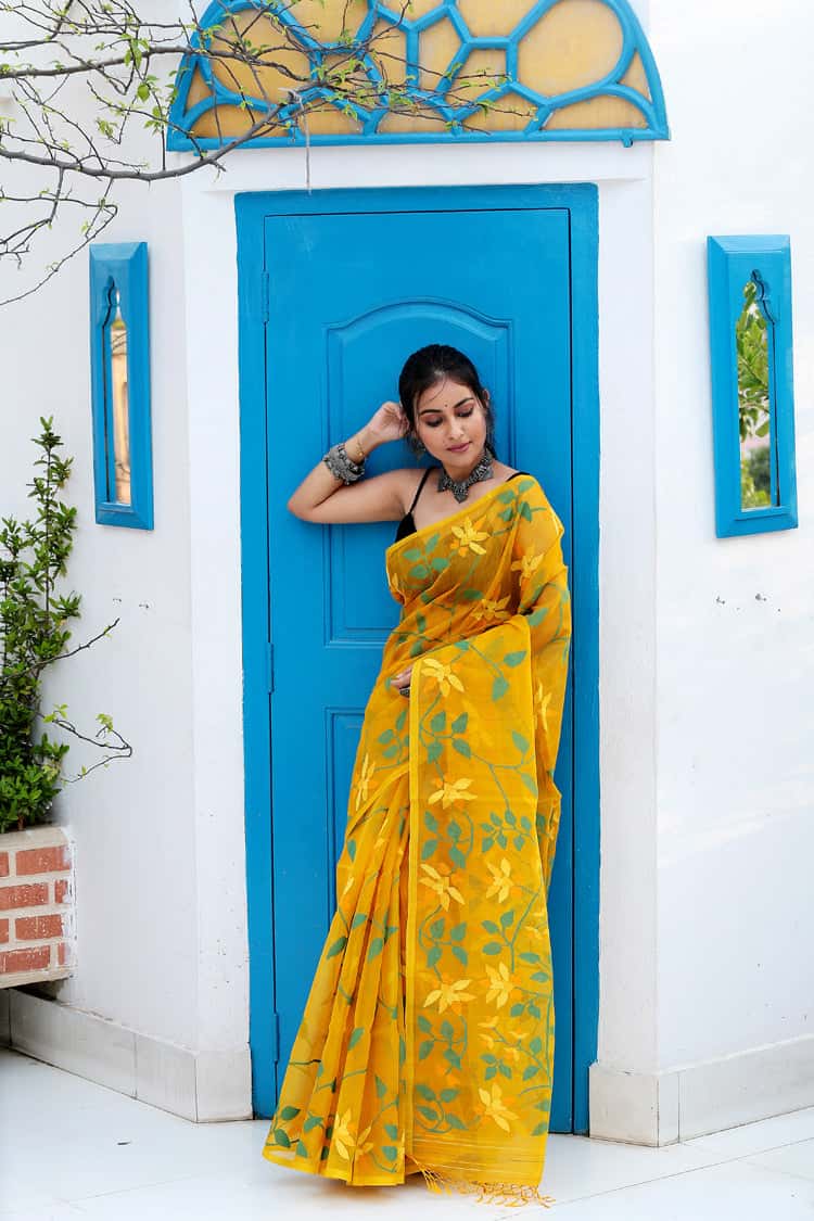 Cyber Yellow Muslin Jamdani Saree-083 - indeloom
