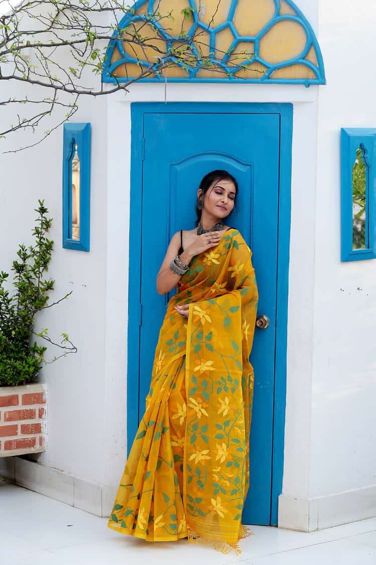 Cyber Yellow Muslin Jamdani Saree-083 - indeloom