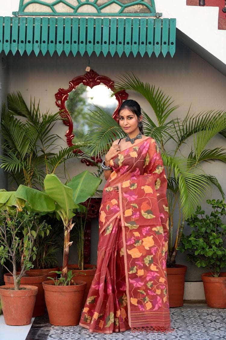 Candy Red Muslin Jamdani Saree-087 - indeloom