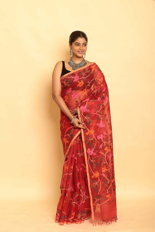 Hand Made Muslin Jamdani Saree With Ruby Red - 088