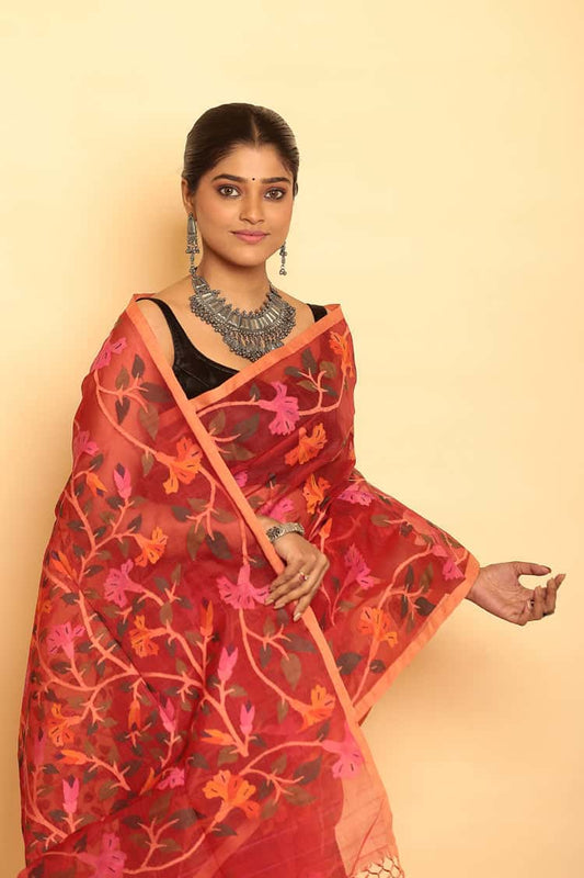 Hand Made Muslin Jamdani Saree With Ruby Red - 088