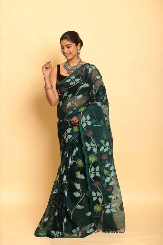 Blue and Green Leafs Muslin Jamdani Saree-089 - indeloom