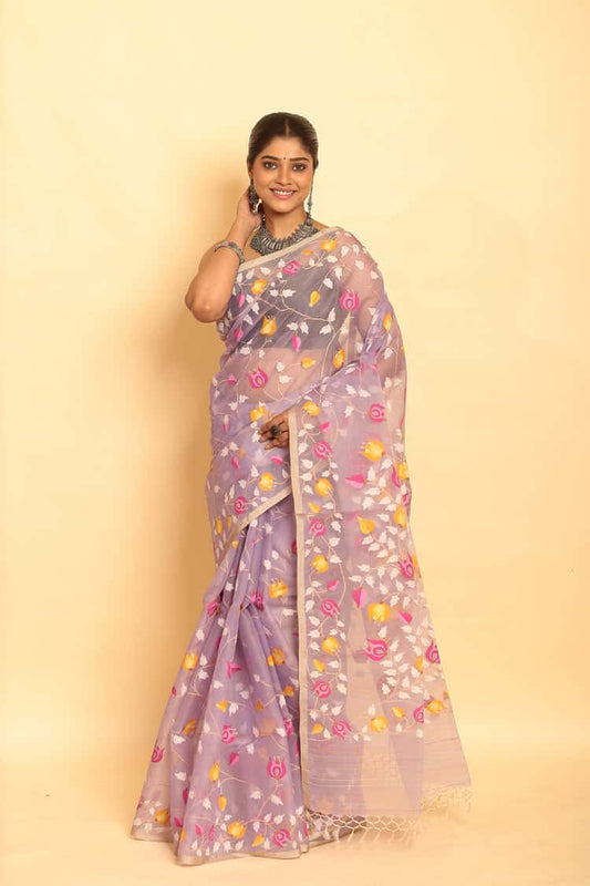 White and Yellow Leafs Muslin Jamdani Saree-090