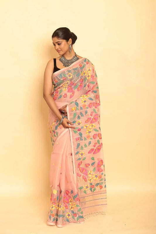 Blue and Pink Leafs Muslin Jamdani Saree-091 - indeloom