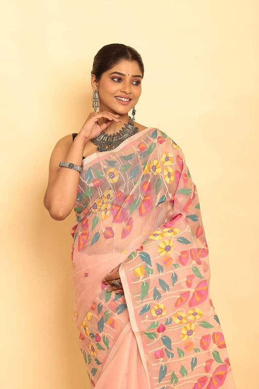 Blue and Pink Leafs Muslin Jamdani Saree-091 - indeloom