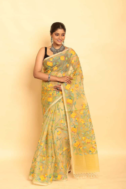 Lemon Green Muslin Jamdani Saree-092 - indeloom