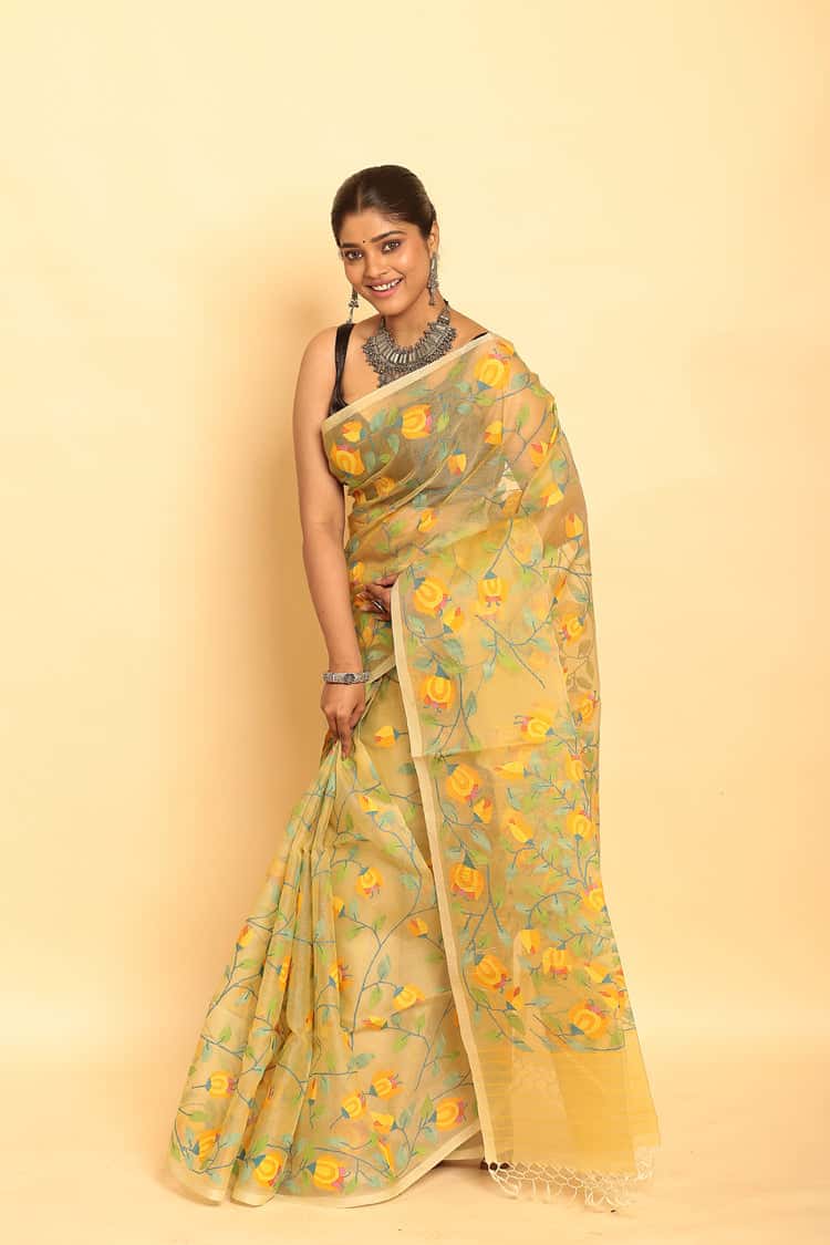 Lemon Green Muslin Jamdani Saree-092 - indeloom