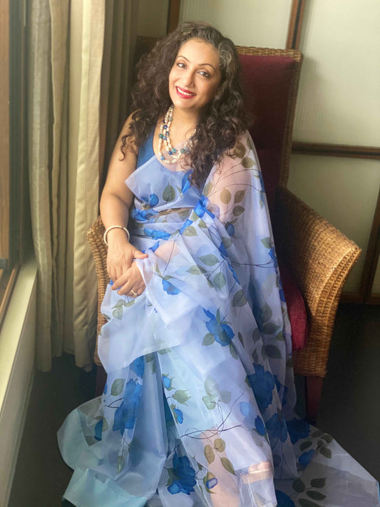Blue Colour Florals on Organza Hand-painted Saree-008