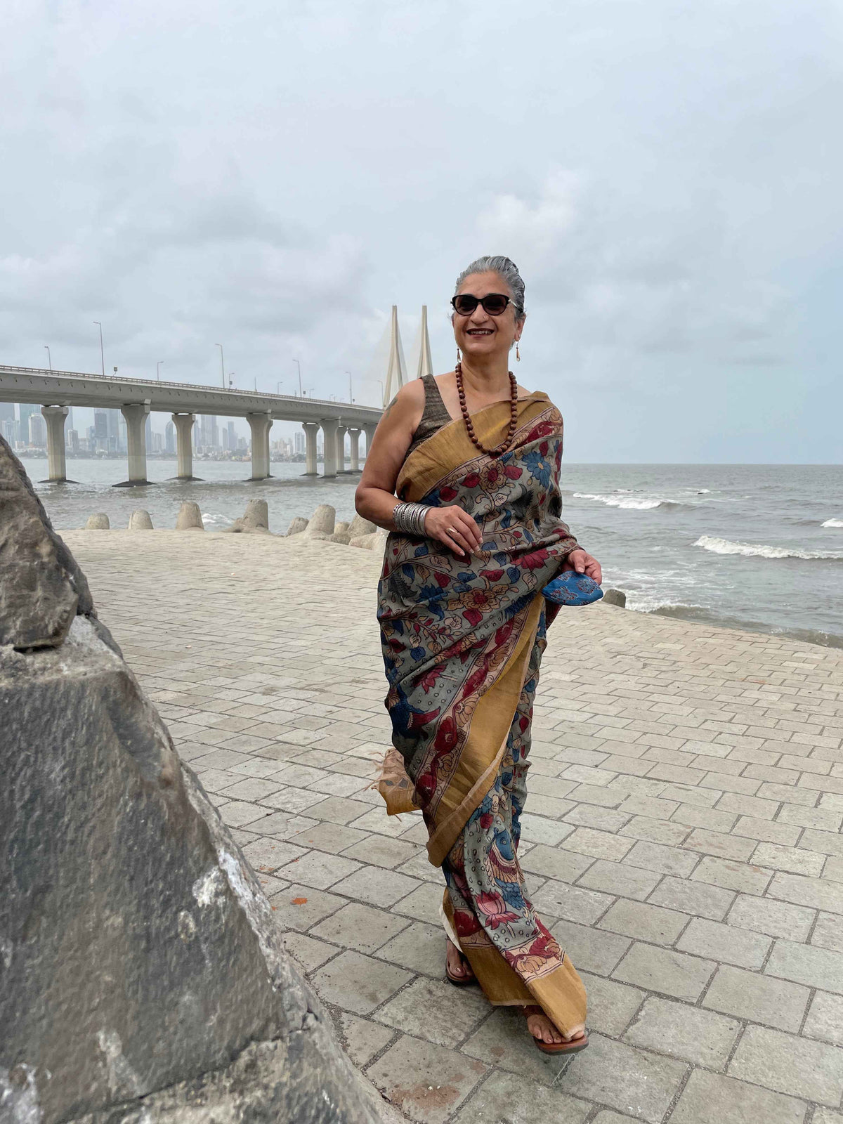 Traditional Handpainted Pen Kalamkari Tussar Silk Saree | Peach Orange