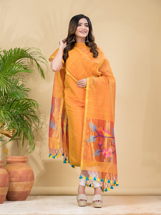 Marigold Gold | Handloom Jamdani Muslin Unstitched 2-Piece Kurti | Paithani Design