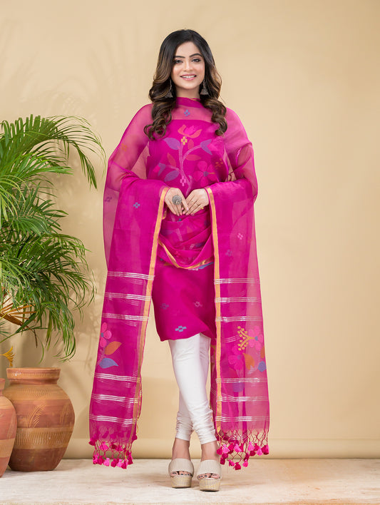 Festival Rose | Handloom Jamdani Muslin Unstitched 2-Piece Kurti | Classic Design