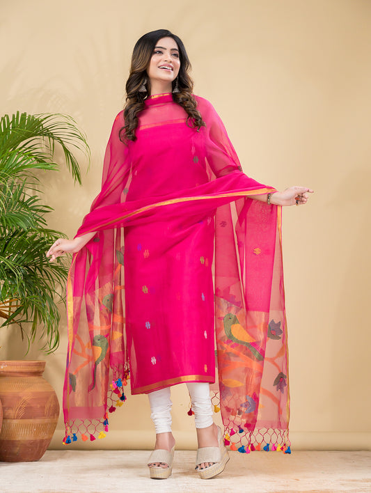 Hot Magenta | Handloom Jamdani Muslin Unstitched 2-Piece Kurti | Paithani Design