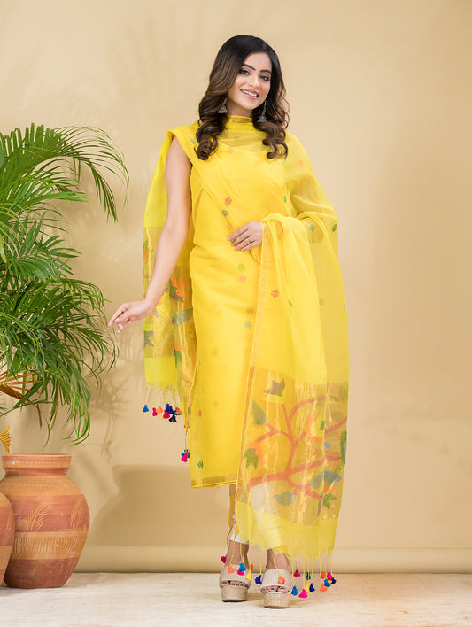 Lemon Zest | Handloom Jamdani Muslin Unstitched 2-Piece Kurti | Paithani Design