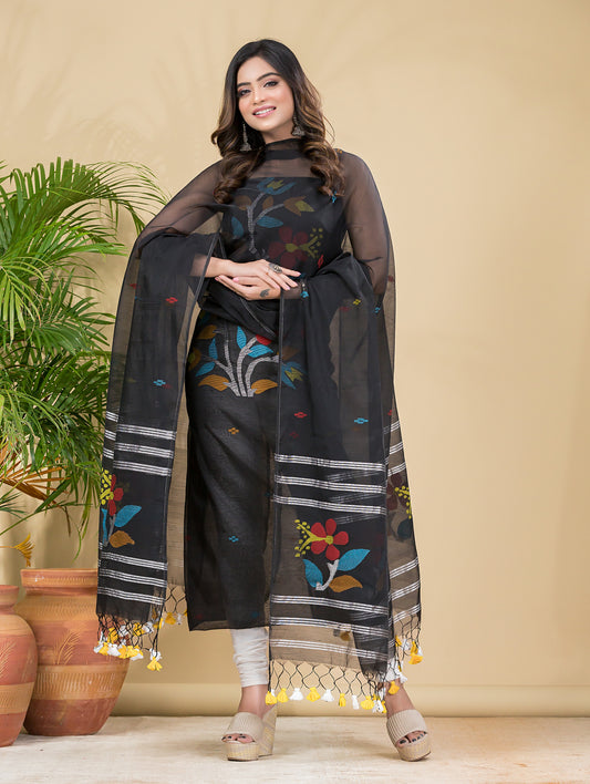 Coal Black | Handloom Jamdani Muslin Unstitched 2-Piece Kurti | Classic Design