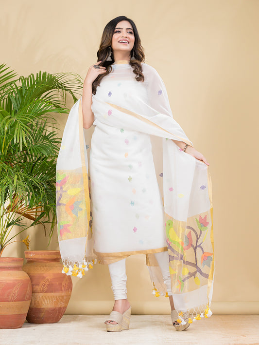 Soft White | Handloom Jamdani Muslin Unstitched 2-Piece Kurti | Paithani Design