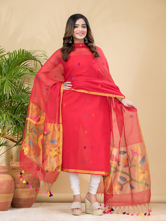 Cherry Flame | Handloom Jamdani Muslin Unstitched 2-Piece Kurti | Paithani Design